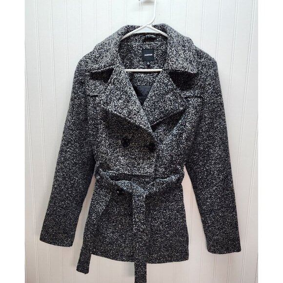 Rampage Womens Black & White Tweed Belted Peacoat With Double-Breasted Button Fr - Picture 1 of 13